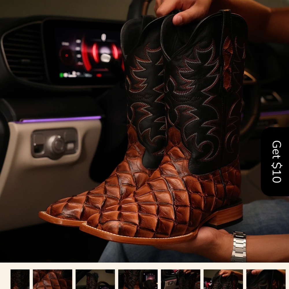Men’s Cognac Pirarucu Leather Boots Size 10